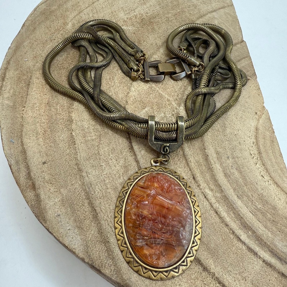 Unique Bronze Multi Snake Chain Orange Acrylic Pendant Necklace Unknown Maker